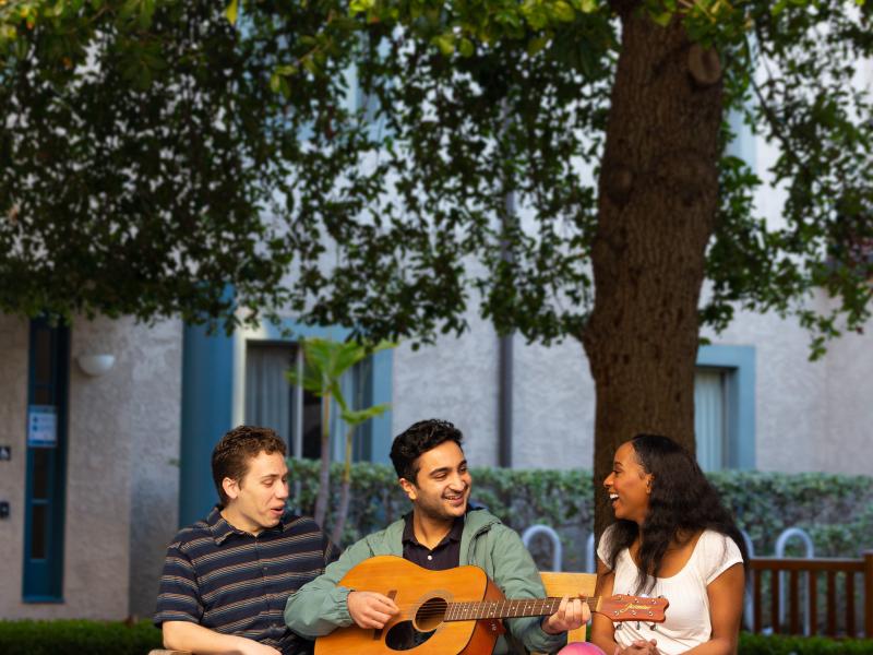 Three students talking on a bench near a tree, one with a guitar. 