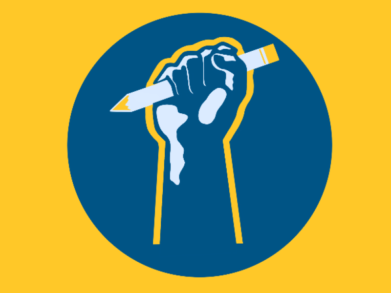 Bruin Underground Scholars logo of a fist holding a pencil on blue and yellow background