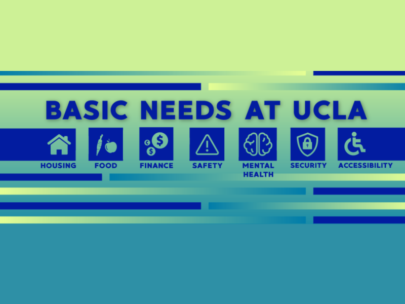 Basic Needs at UCLA Logo- Housing, Food, Finance, Safety, Mental Health, Security, Accessibility