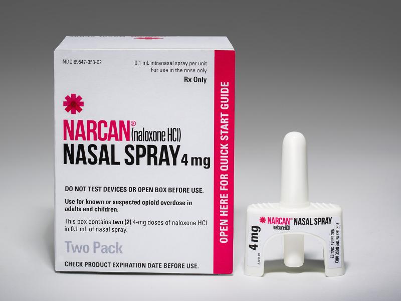 Closeup of Narcan box with nasal inhaler